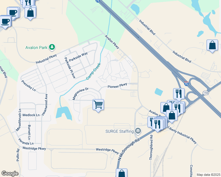 map of restaurants, bars, coffee shops, grocery stores, and more near 5044 Pioneer Parkway in McDonough