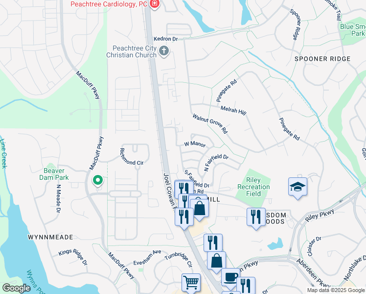 map of restaurants, bars, coffee shops, grocery stores, and more near 627 West Manor in Peachtree City