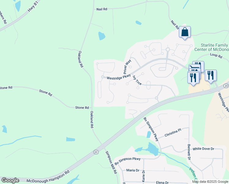 map of restaurants, bars, coffee shops, grocery stores, and more near 1517 Rolling Meadows Drive in McDonough
