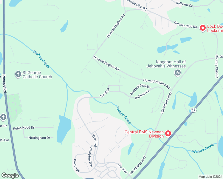 map of restaurants, bars, coffee shops, grocery stores, and more near 429 Baldwin Court in Newnan