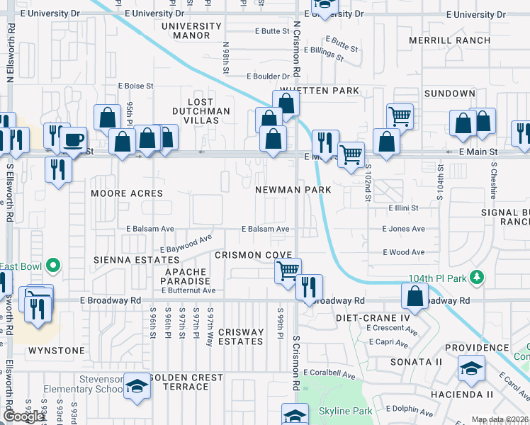 map of restaurants, bars, coffee shops, grocery stores, and more near 9913 East Main Street in Mesa