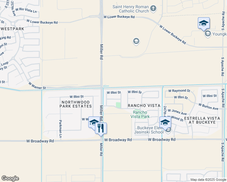 map of restaurants, bars, coffee shops, grocery stores, and more near 24984 West Illini Street in Buckeye