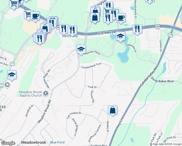 map of restaurants, bars, coffee shops, grocery stores, and more near 4904 Sussex Road in Birmingham