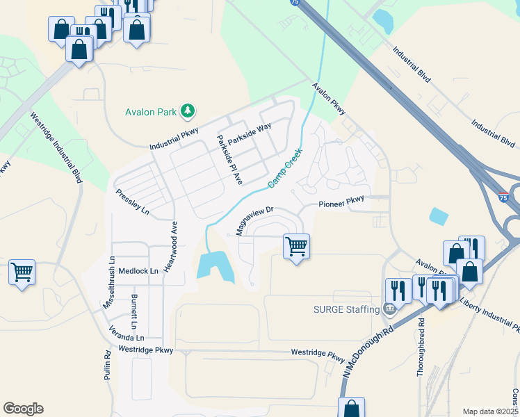 map of restaurants, bars, coffee shops, grocery stores, and more near 163 Magnaview Drive in McDonough