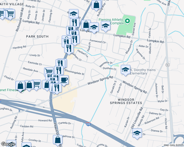 map of restaurants, bars, coffee shops, grocery stores, and more near 3016 Lonsdale Drive in Augusta