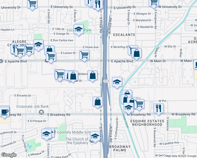 map of restaurants, bars, coffee shops, grocery stores, and more near 1401 South Siesta Lane in Tempe