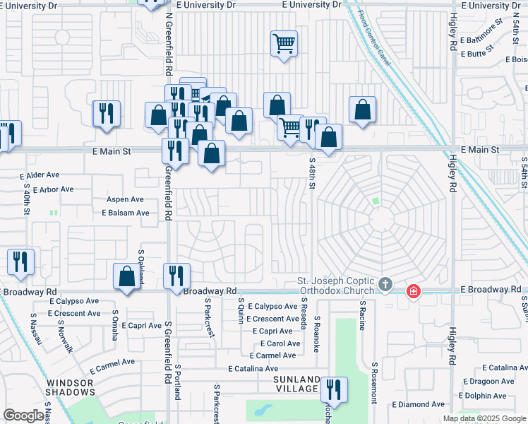 map of restaurants, bars, coffee shops, grocery stores, and more near Kelly Lane in Mesa