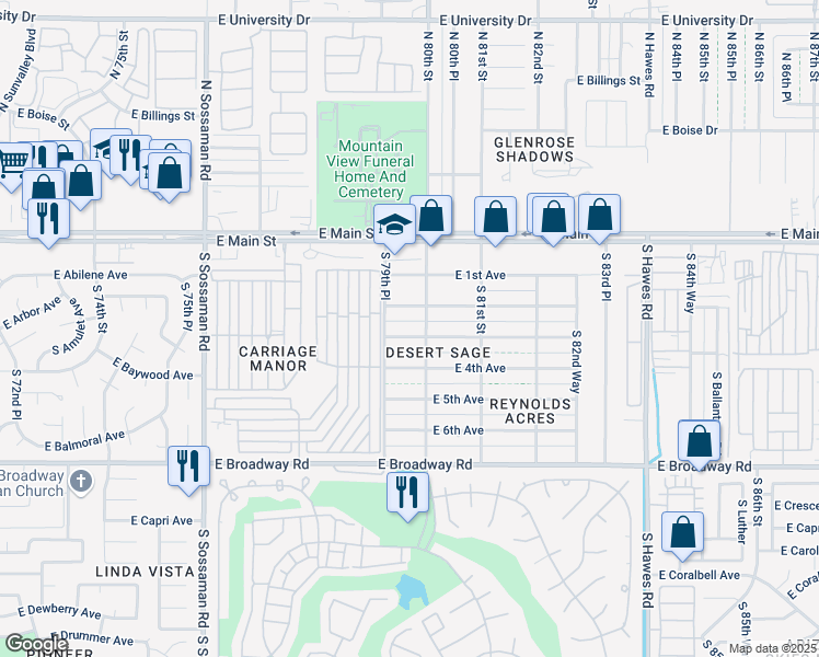 map of restaurants, bars, coffee shops, grocery stores, and more near 7918 East 3rd Avenue in Mesa