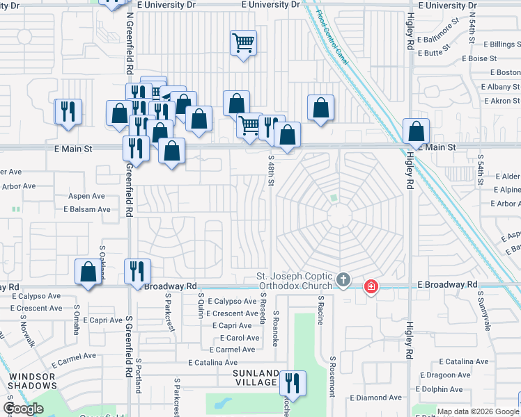 map of restaurants, bars, coffee shops, grocery stores, and more near Nectarine in Mesa