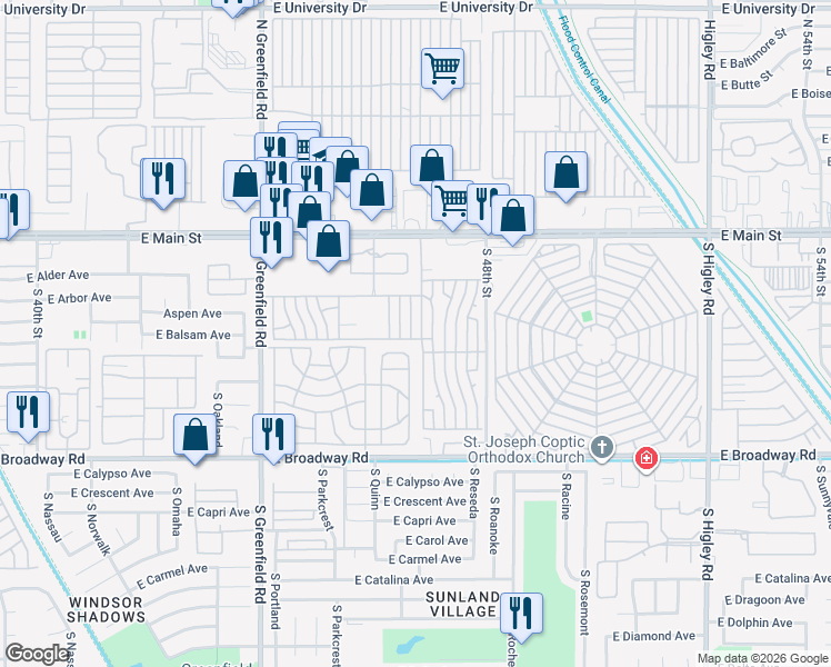 map of restaurants, bars, coffee shops, grocery stores, and more near Kelly Lane in Mesa