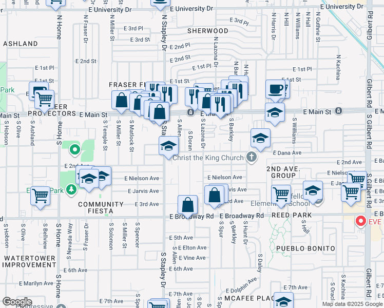 map of restaurants, bars, coffee shops, grocery stores, and more near 126 South Lazona Drive in Mesa