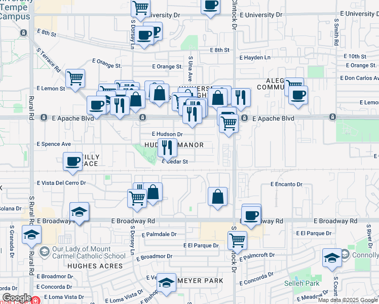 map of restaurants, bars, coffee shops, grocery stores, and more near 1515 East Williams Street in Tempe