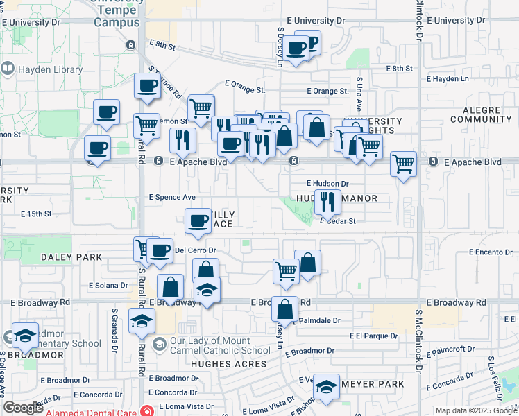 map of restaurants, bars, coffee shops, grocery stores, and more near 1223 East Spence Avenue in Tempe