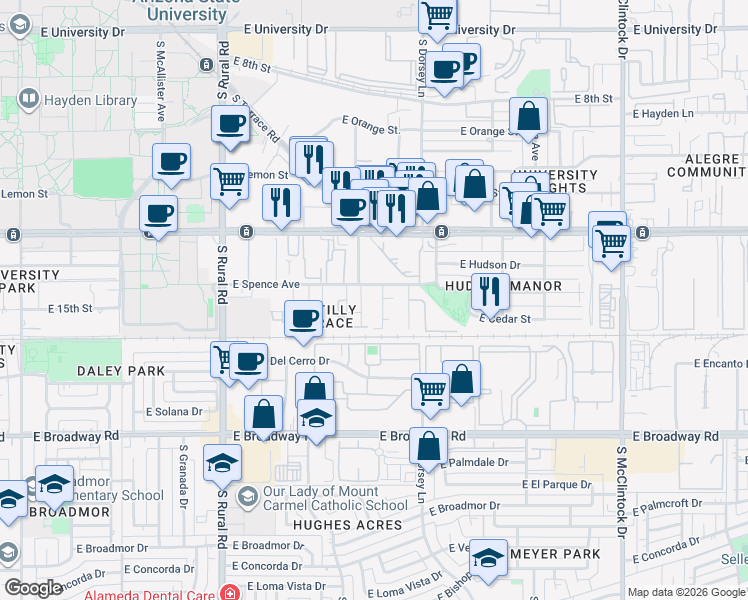 map of restaurants, bars, coffee shops, grocery stores, and more near 1223 East Spence Avenue in Tempe