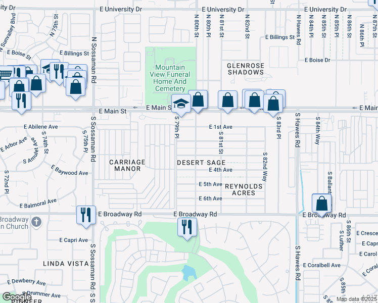 map of restaurants, bars, coffee shops, grocery stores, and more near 7918 East 3rd Avenue in Mesa