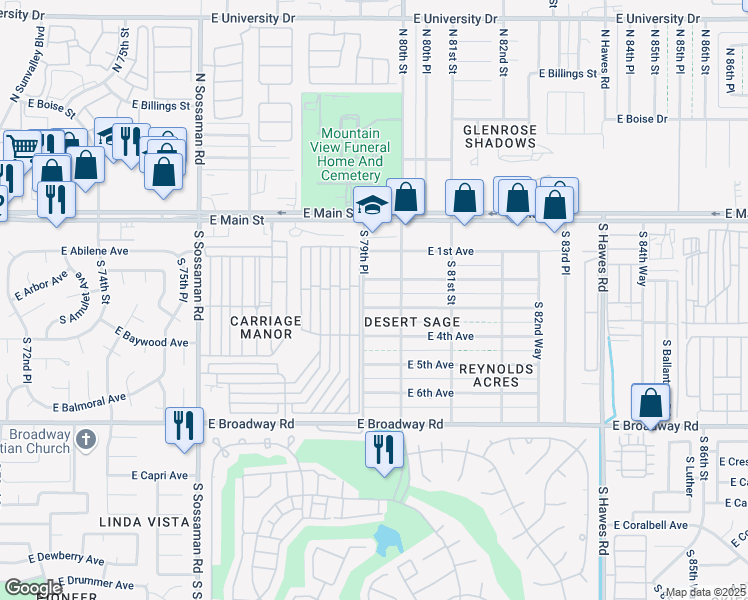 map of restaurants, bars, coffee shops, grocery stores, and more near 7918 East 3rd Avenue in Mesa