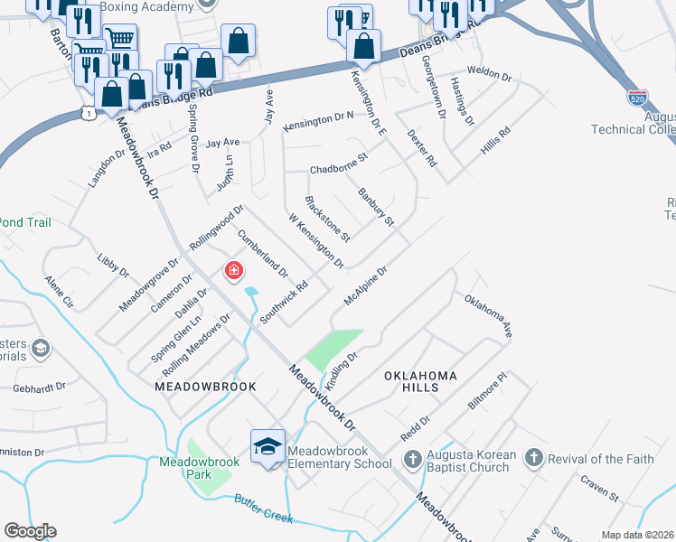 map of restaurants, bars, coffee shops, grocery stores, and more near 2557 West Kensington Drive in Augusta