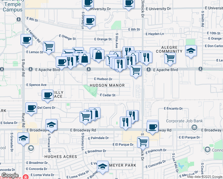 map of restaurants, bars, coffee shops, grocery stores, and more near 1515 East Williams Street in Tempe
