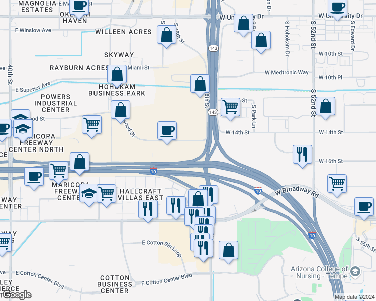 map of restaurants, bars, coffee shops, grocery stores, and more near 4635 East Elwood Street in Phoenix