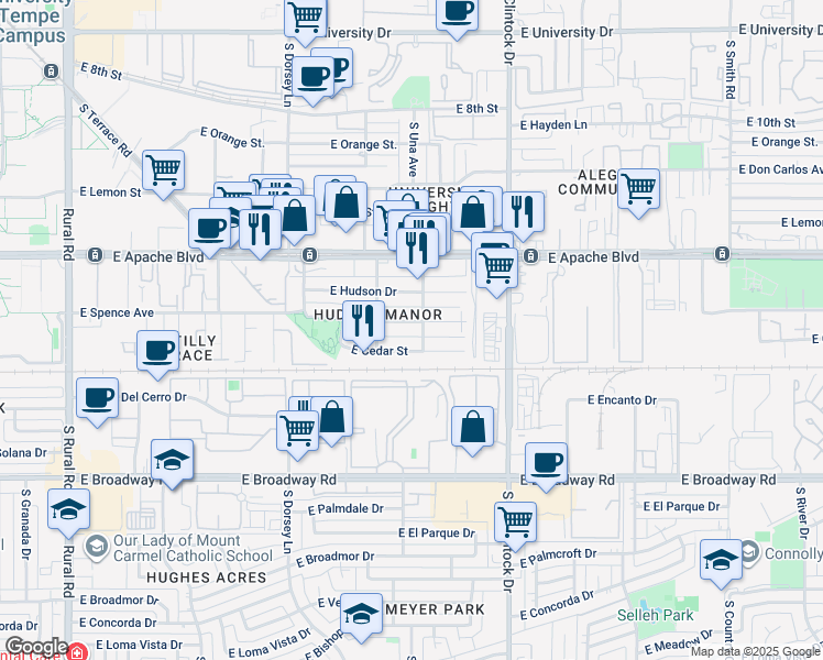 map of restaurants, bars, coffee shops, grocery stores, and more near 1515 East Williams Street in Tempe