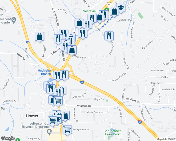 map of restaurants, bars, coffee shops, grocery stores, and more near 2080 Montreat Circle in Vestavia Hills