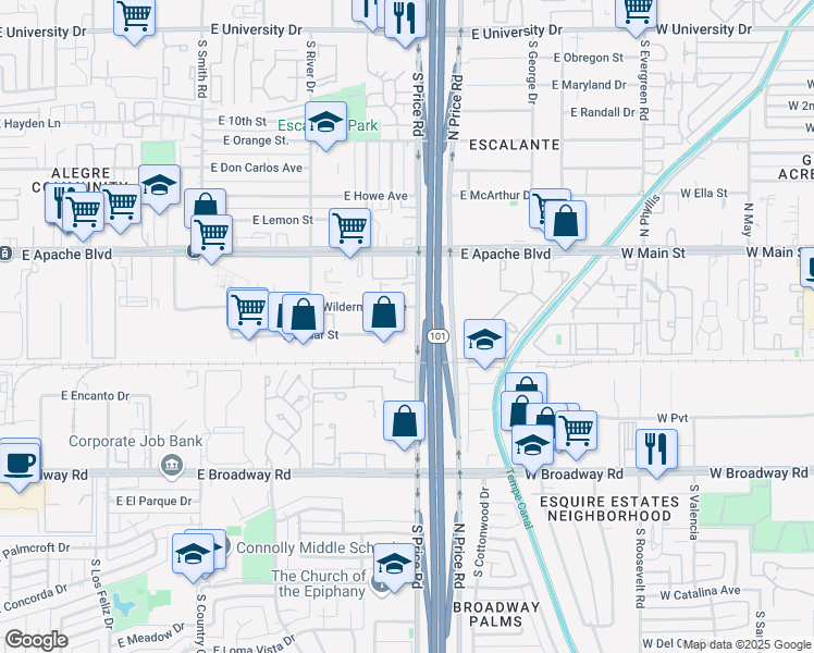 map of restaurants, bars, coffee shops, grocery stores, and more near 1401 South Siesta Lane in Tempe