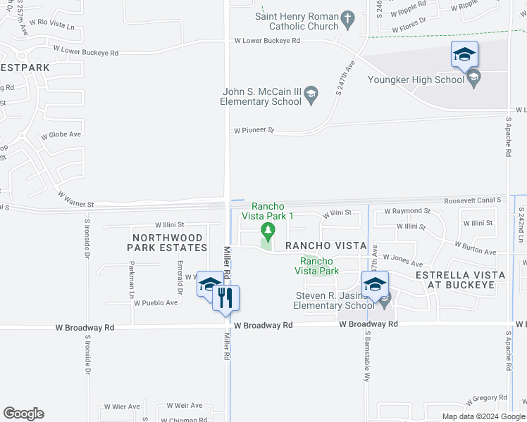 map of restaurants, bars, coffee shops, grocery stores, and more near 24992 West Illini Street in Buckeye