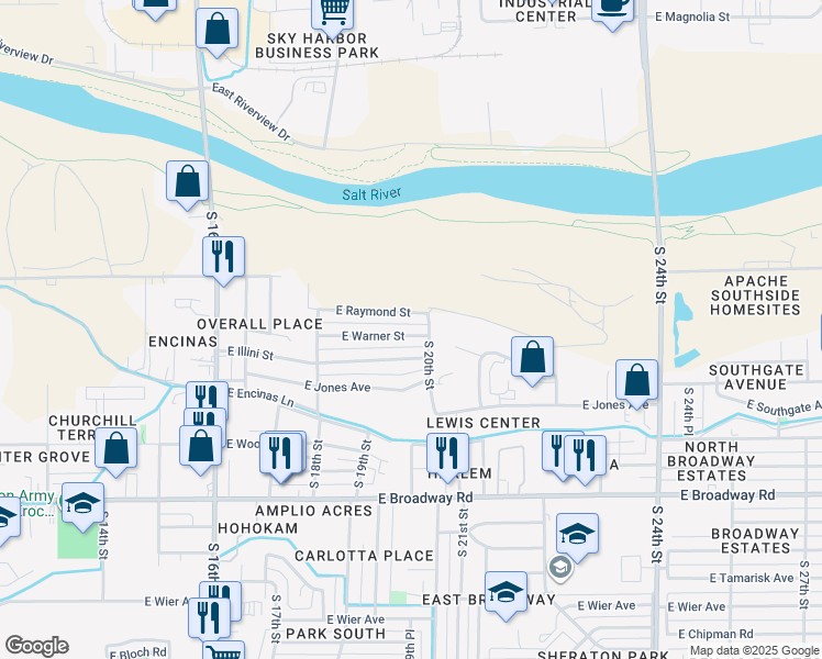 map of restaurants, bars, coffee shops, grocery stores, and more near 1936 East Warner Street in Phoenix