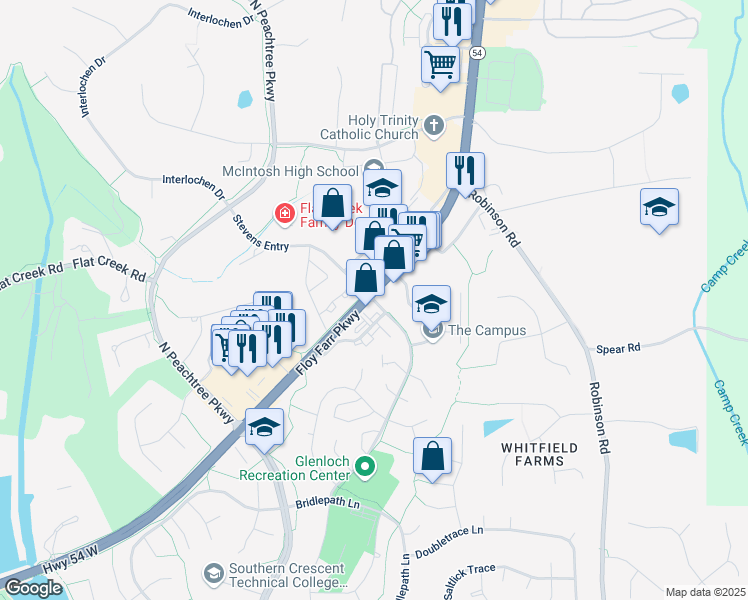 map of restaurants, bars, coffee shops, grocery stores, and more near 647 Stevens Entry in Peachtree City