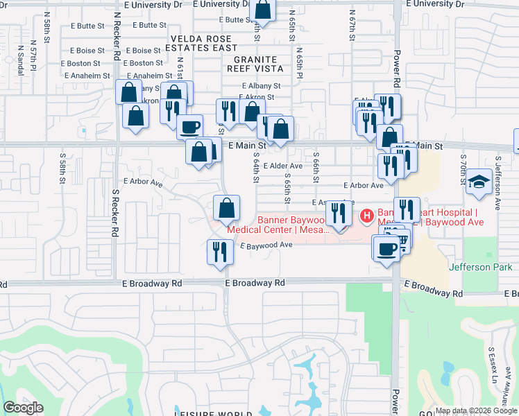 map of restaurants, bars, coffee shops, grocery stores, and more near 6401 East Aspen Avenue in Mesa