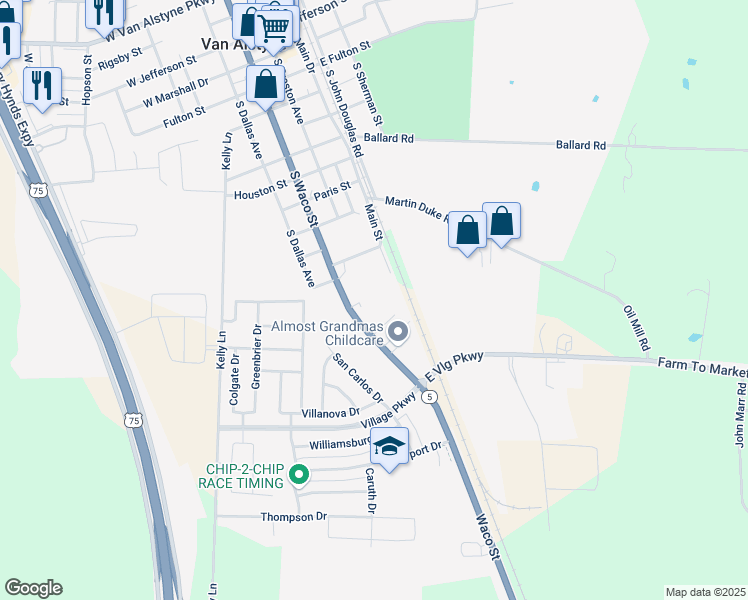 map of restaurants, bars, coffee shops, grocery stores, and more near 1314 North Waco Street in Van Alstyne