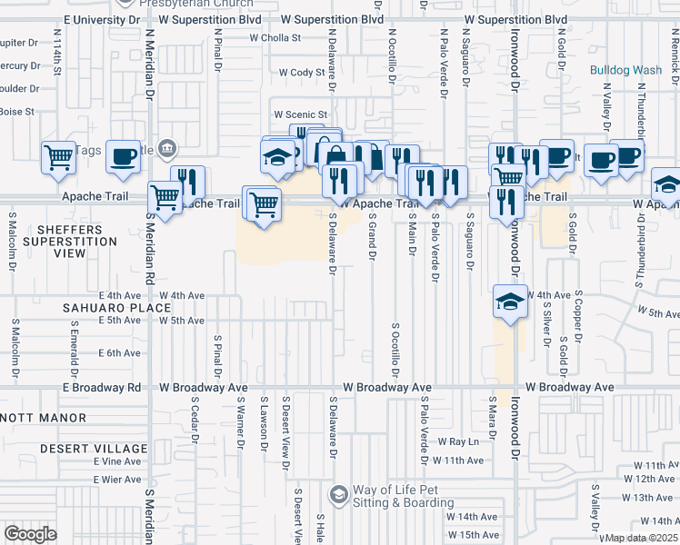 map of restaurants, bars, coffee shops, grocery stores, and more near 455 South Delaware Drive in Apache Junction