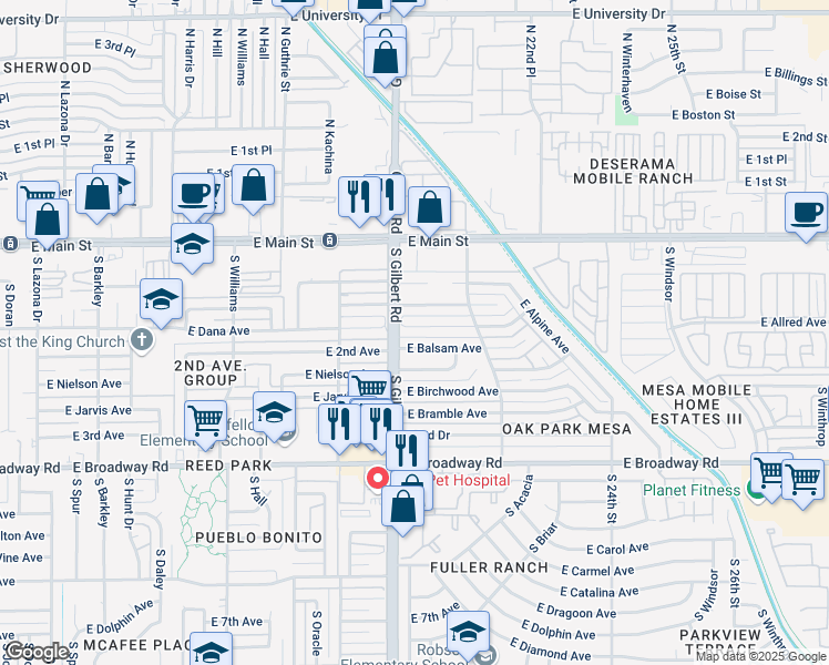 map of restaurants, bars, coffee shops, grocery stores, and more near 2023 East Aspen Avenue in Mesa