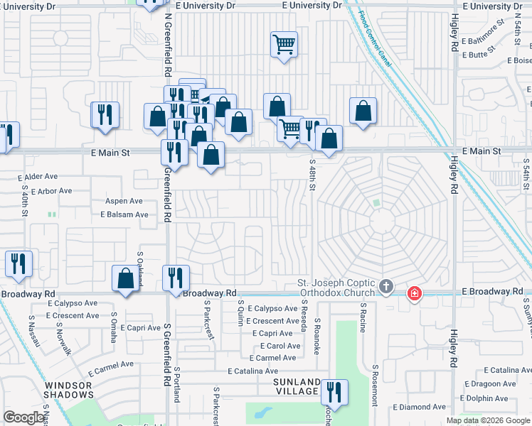 map of restaurants, bars, coffee shops, grocery stores, and more near Kelly Lane in Mesa