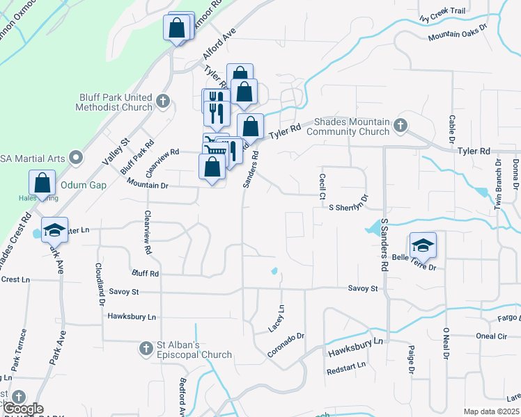 map of restaurants, bars, coffee shops, grocery stores, and more near 725 Sanders Road in Birmingham