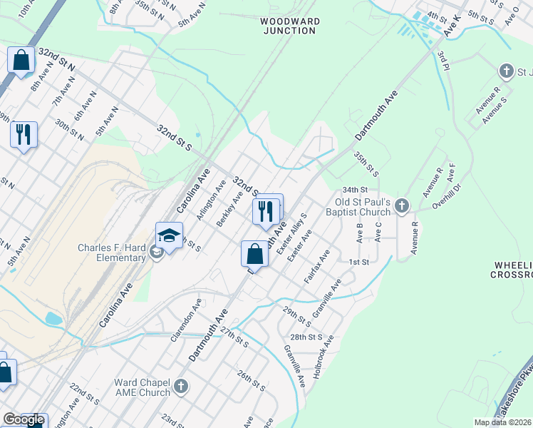 map of restaurants, bars, coffee shops, grocery stores, and more near 3121 Clarendon Avenue in Bessemer