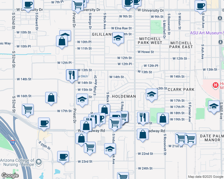 map of restaurants, bars, coffee shops, grocery stores, and more near 1016 West Parkway Boulevard in Tempe