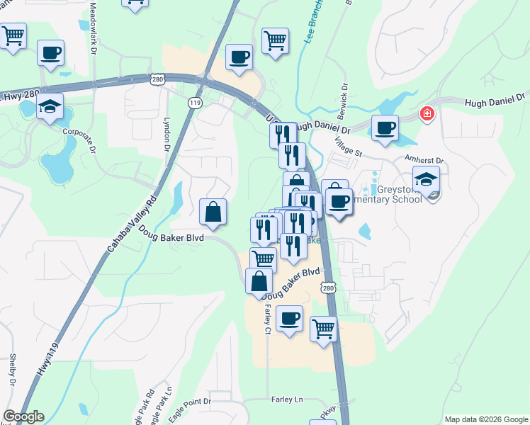 map of restaurants, bars, coffee shops, grocery stores, and more near 829 Greystone Highlands Dr in Birmingham