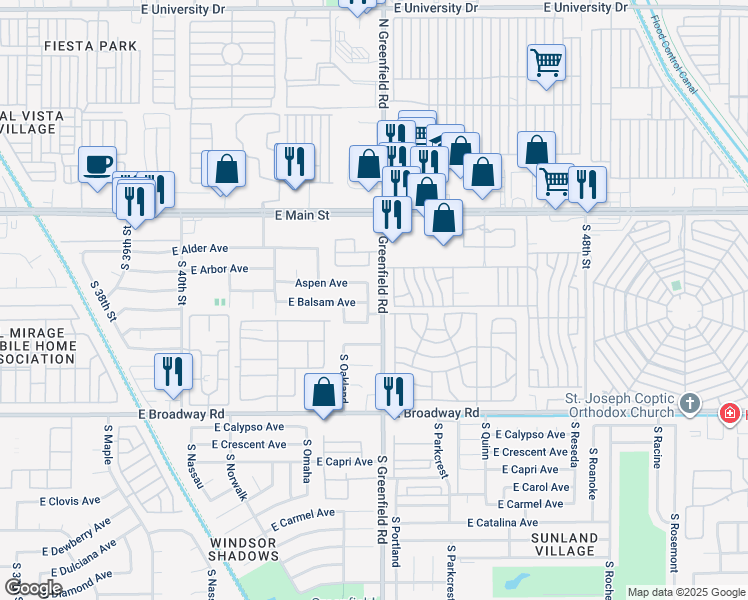 map of restaurants, bars, coffee shops, grocery stores, and more near 157 South Orlando in Mesa