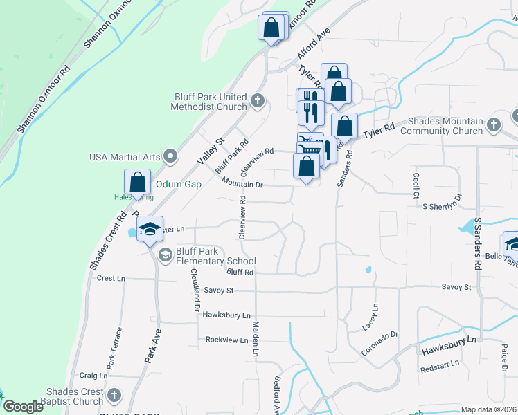 map of restaurants, bars, coffee shops, grocery stores, and more near 2251 Summer Ridge Drive in Birmingham