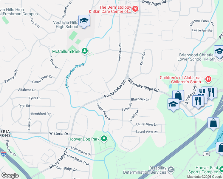 map of restaurants, bars, coffee shops, grocery stores, and more near 3329 Blueberry Lane in Birmingham