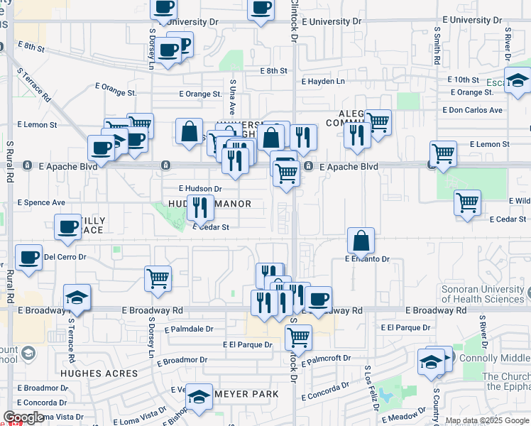 map of restaurants, bars, coffee shops, grocery stores, and more near 1637 East Williams Street in Tempe