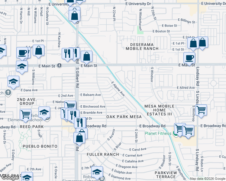 map of restaurants, bars, coffee shops, grocery stores, and more near 2250 East Balsam Circle in Mesa