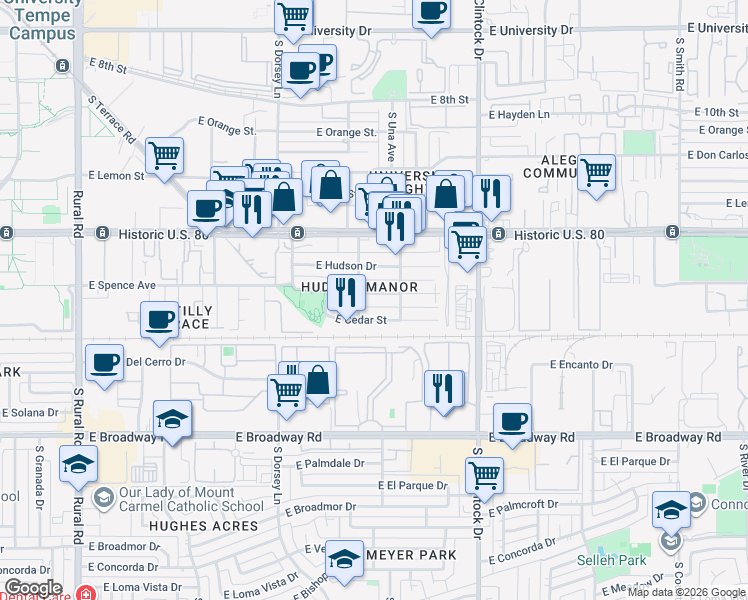 map of restaurants, bars, coffee shops, grocery stores, and more near 1515 East Williams Street in Tempe