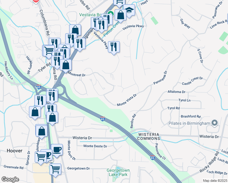 map of restaurants, bars, coffee shops, grocery stores, and more near 2154 Montreat Parkway in Vestavia Hills
