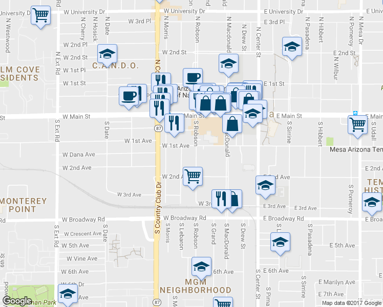 map of restaurants, bars, coffee shops, grocery stores, and more near 110 South Robson in Mesa