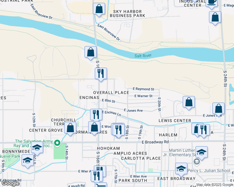 map of restaurants, bars, coffee shops, grocery stores, and more near 1714 East Warner Street in Phoenix