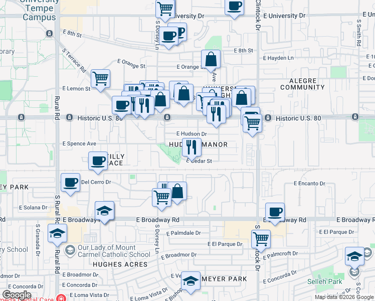 map of restaurants, bars, coffee shops, grocery stores, and more near 1433 East Williams Street in Tempe