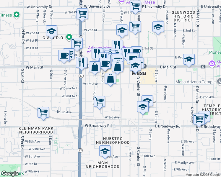 map of restaurants, bars, coffee shops, grocery stores, and more near 136 S MacDonald in Mesa