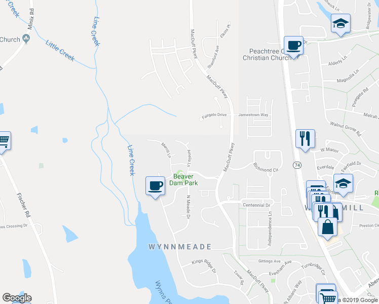 map of restaurants, bars, coffee shops, grocery stores, and more near 213 Amelia Lane in Peachtree City